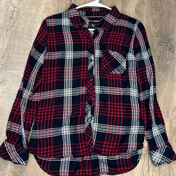 Rails RED BLUE White PLAID button up SHIRT Womens Long Sleeved collared RAYON S - Picture 1 of 15